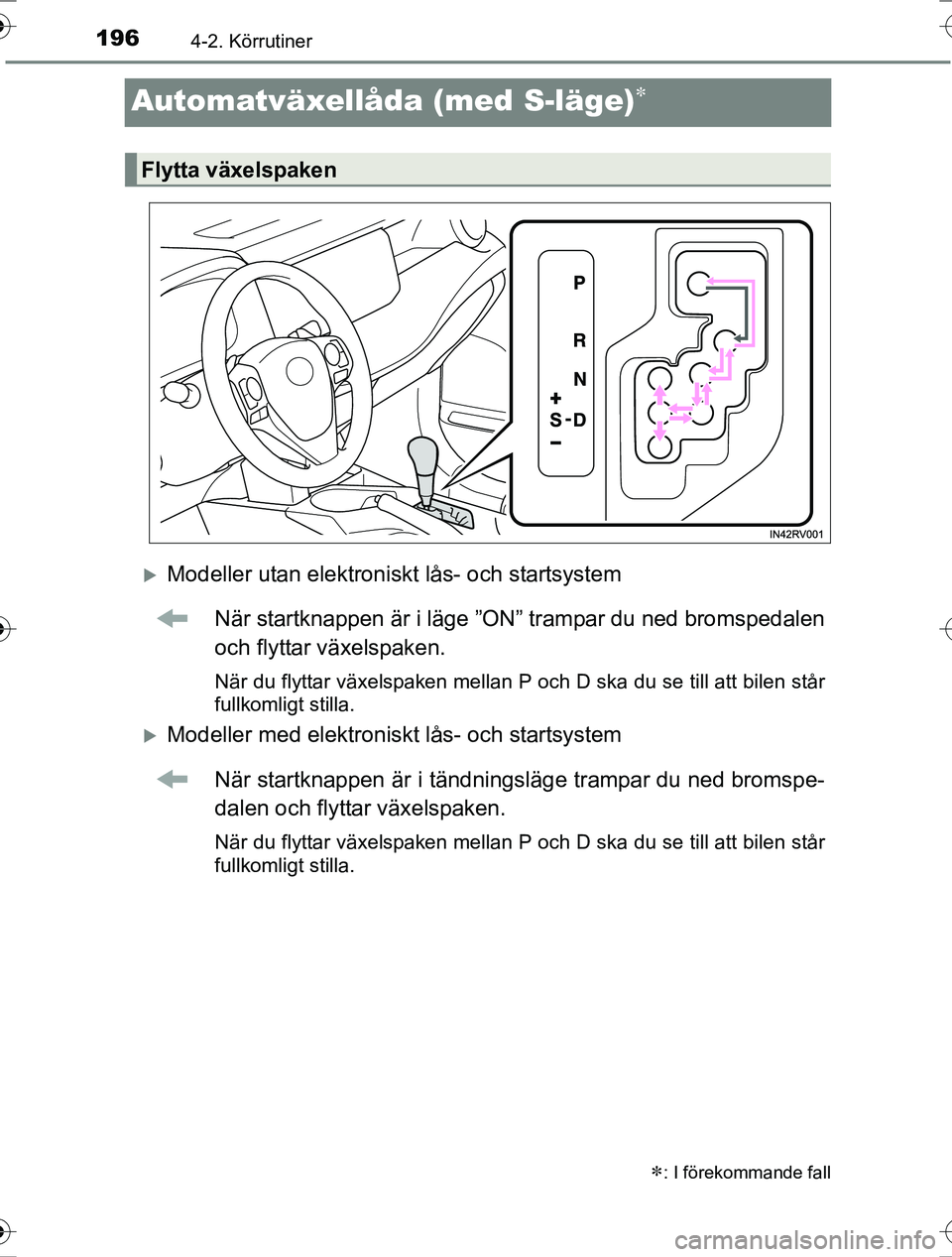 TOYOTA RAV4 2017 Bruksanvisningar (in Swedish) 1964-2. Körrutiner
OM42753SE
Automatväxellåda (med S-läge)
Modeller utan elektroniskt lås- och startsystemNär startknappen är i läge ”ON” trampar du ned bromspedalen
och flyttar väx TOYOTA RAV4 2017 Bruksanvisningar (in Swedish) 1964-2. Körrutiner
OM42753SE
Automatväxellåda (med S-läge)
Modeller utan elektroniskt lås- och startsystemNär startknappen är i läge ”ON” trampar du ned bromspedalen
och flyttar väx
