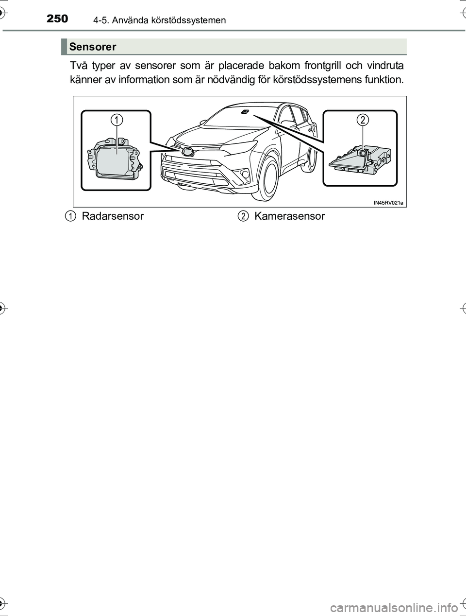 TOYOTA RAV4 2017 Bruksanvisningar (in Swedish) 2504-5. Använda körstödssystemen
OM42753SE
Två typer av sensorer som är placerade bakom frontgrill och vindruta
känner av information som är nödvändig för körstödssystemens funktion.
Senso TOYOTA RAV4 2017 Bruksanvisningar (in Swedish) 2504-5. Använda körstödssystemen
OM42753SE
Två typer av sensorer som är placerade bakom frontgrill och vindruta
känner av information som är nödvändig för körstödssystemens funktion.
Senso