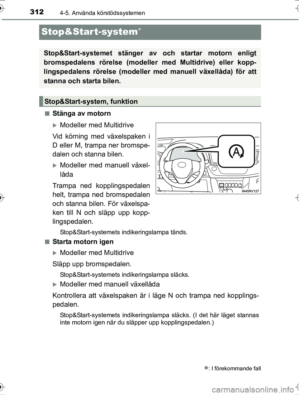 TOYOTA RAV4 2017 Bruksanvisningar (in Swedish) 3124-5. Använda körstödssystemen
OM42753SE
Stop&Start-system
nStänga av motorn
Modeller med Multidrive
Vid körning med växelspaken i
D eller M, trampa ner bromspe-
dalen och stanna bilen.
TOYOTA RAV4 2017 Bruksanvisningar (in Swedish) 3124-5. Använda körstödssystemen
OM42753SE
Stop&Start-system
nStänga av motorn
Modeller med Multidrive
Vid körning med växelspaken i
D eller M, trampa ner bromspe-
dalen och stanna bilen.