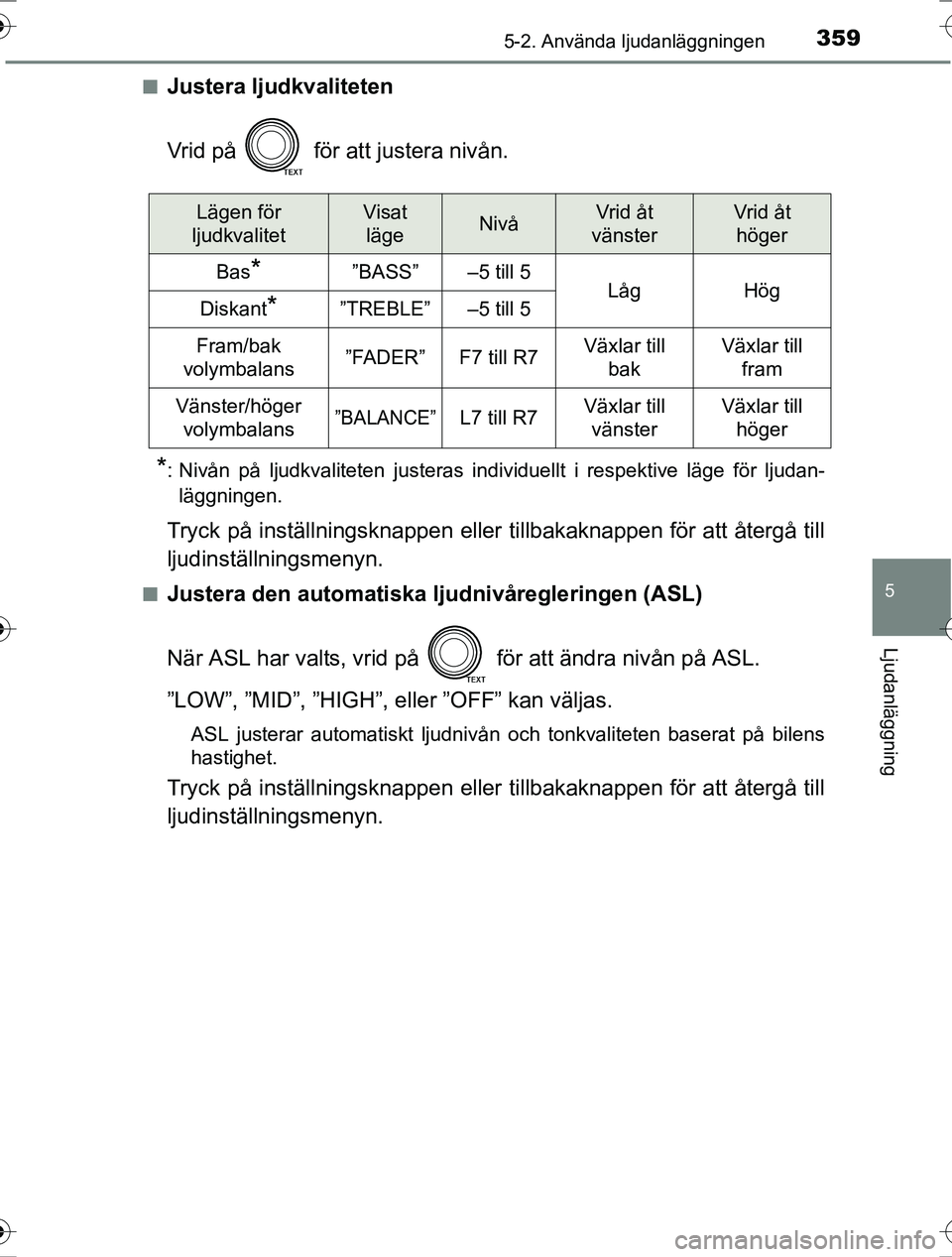 TOYOTA RAV4 2017 Bruksanvisningar (in Swedish) 3595-2. Använda ljudanläggningen
5
Ljudanläggning
OM42753SEn
Justera ljudkvaliteten
Vrid på för att justera nivån.
*: Nivån på ljudkvaliteten justeras individuellt i respektive läge för lj TOYOTA RAV4 2017 Bruksanvisningar (in Swedish) 3595-2. Använda ljudanläggningen
5
Ljudanläggning
OM42753SEn
Justera ljudkvaliteten
Vrid på för att justera nivån.
*: Nivån på ljudkvaliteten justeras individuellt i respektive läge för lj