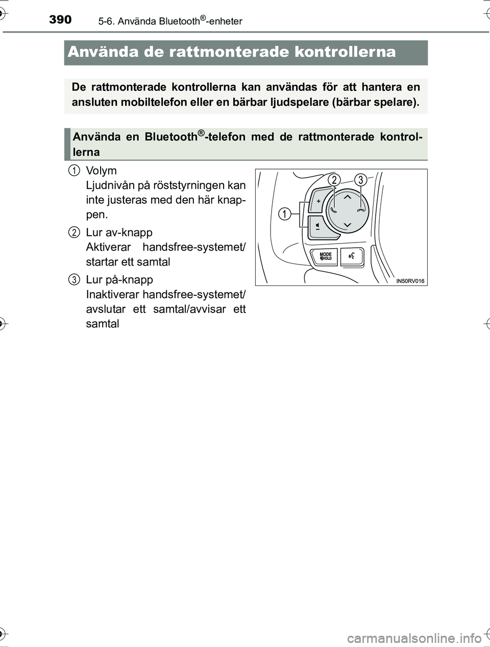 TOYOTA RAV4 2017 Bruksanvisningar (in Swedish) 3905-6. Använda Bluetooth®-enheter
OM42753SE
Använda de rattmonterade kontrollerna
Vo l y m
Ljudnivån på röststyrningen kan
inte justeras med den här knap-
pen.
Lur av-knapp
Aktiverar handsfre TOYOTA RAV4 2017 Bruksanvisningar (in Swedish) 3905-6. Använda Bluetooth®-enheter
OM42753SE
Använda de rattmonterade kontrollerna
Vo l y m
Ljudnivån på röststyrningen kan
inte justeras med den här knap-
pen.
Lur av-knapp
Aktiverar handsfre