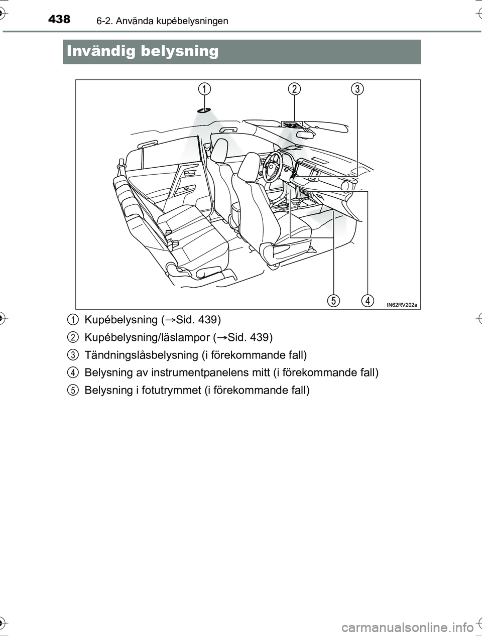 TOYOTA RAV4 2017 Bruksanvisningar (in Swedish) 4386-2. Använda kupébelysningen
OM42753SE
Invändig belysning
Kupébelysning (Sid. 439)
Kupébelysning/läslampor ( Sid. 439)
Tändningslåsbelysning (i förekommande fall)
Belysning av instru TOYOTA RAV4 2017 Bruksanvisningar (in Swedish) 4386-2. Använda kupébelysningen
OM42753SE
Invändig belysning
Kupébelysning (Sid. 439)
Kupébelysning/läslampor ( Sid. 439)
Tändningslåsbelysning (i förekommande fall)
Belysning av instru