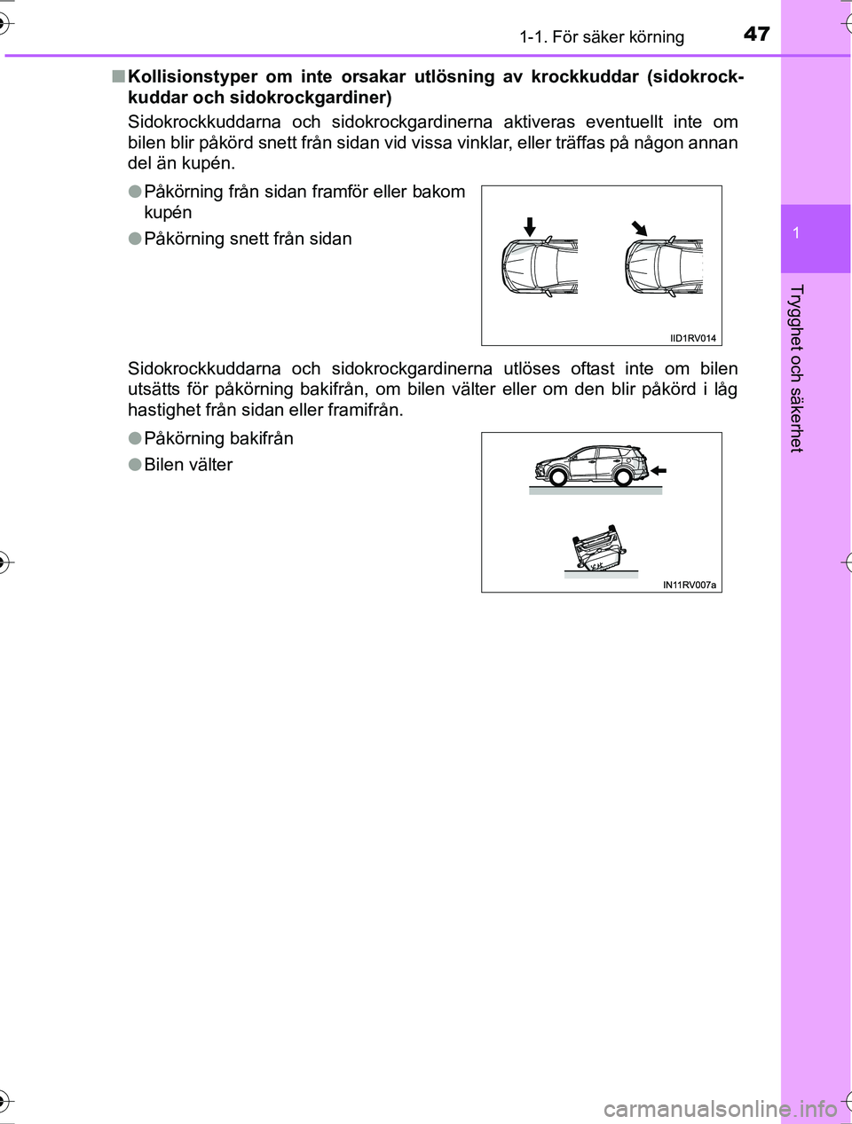 TOYOTA RAV4 2017 Bruksanvisningar (in Swedish) 471-1. För säker körning
1
OM42753SE
Trygghet och säkerhet
nKollisionstyper om inte orsakar utlösning av krockkuddar (sidokrock-
kuddar och sidokrockgardiner)
Sidokrockkuddarna och sidokrockgardi TOYOTA RAV4 2017 Bruksanvisningar (in Swedish) 471-1. För säker körning
1
OM42753SE
Trygghet och säkerhet
nKollisionstyper om inte orsakar utlösning av krockkuddar (sidokrock-
kuddar och sidokrockgardiner)
Sidokrockkuddarna och sidokrockgardi