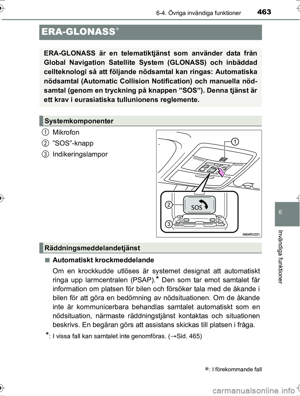 TOYOTA RAV4 2017 Bruksanvisningar (in Swedish) 4636-4. Övriga invändiga funktioner
OM42753SE
6
Invändiga funktioner
ERA-GLONASS
Mikrofon
”SOS”-knapp
Indikeringslampor
nAutomatiskt krockmeddelande
Om en krockkudde utlöses är systemet de TOYOTA RAV4 2017 Bruksanvisningar (in Swedish) 4636-4. Övriga invändiga funktioner
OM42753SE
6
Invändiga funktioner
ERA-GLONASS
Mikrofon
”SOS”-knapp
Indikeringslampor
nAutomatiskt krockmeddelande
Om en krockkudde utlöses är systemet de