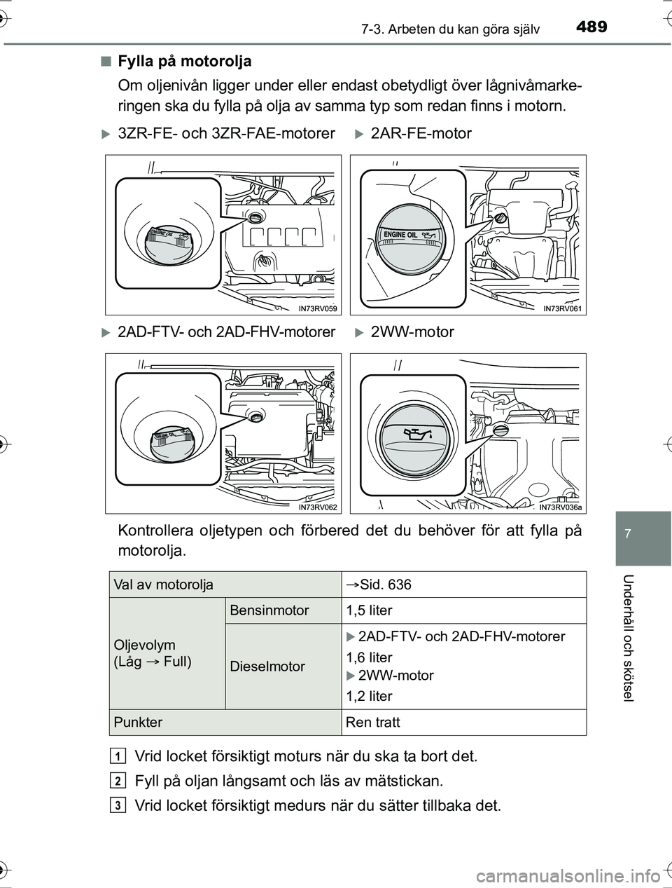 TOYOTA RAV4 2017  Bruksanvisningar (in Swedish) 4897-3. Arbeten du kan göra själv
OM42753SE
7
Underhåll och skötsel
nFylla på motorolja
Om oljenivån ligger under eller endast obetydligt över lågnivåmarke-
ringen ska du fylla på olja av sa