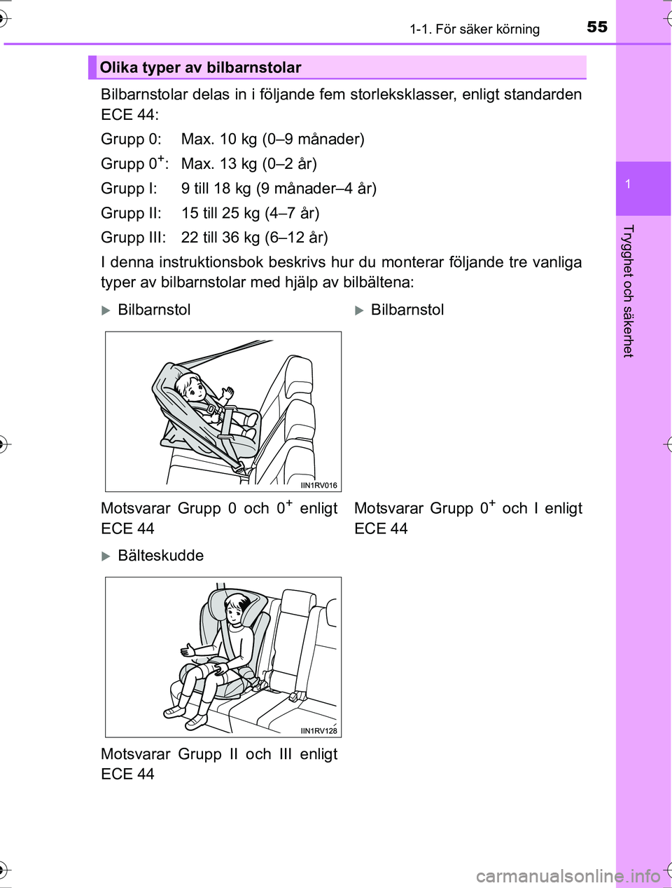 TOYOTA RAV4 2017 Bruksanvisningar (in Swedish) 551-1. För säker körning
1
OM42753SE
Trygghet och säkerhet
Bilbarnstolar delas in i följande fem storleksklasser, enligt standarden
ECE 44:
Grupp 0: Max. 10 kg (0–9 månader)
Grupp 0
+: Max. 13 TOYOTA RAV4 2017 Bruksanvisningar (in Swedish) 551-1. För säker körning
1
OM42753SE
Trygghet och säkerhet
Bilbarnstolar delas in i följande fem storleksklasser, enligt standarden
ECE 44:
Grupp 0: Max. 10 kg (0–9 månader)
Grupp 0
+: Max. 13