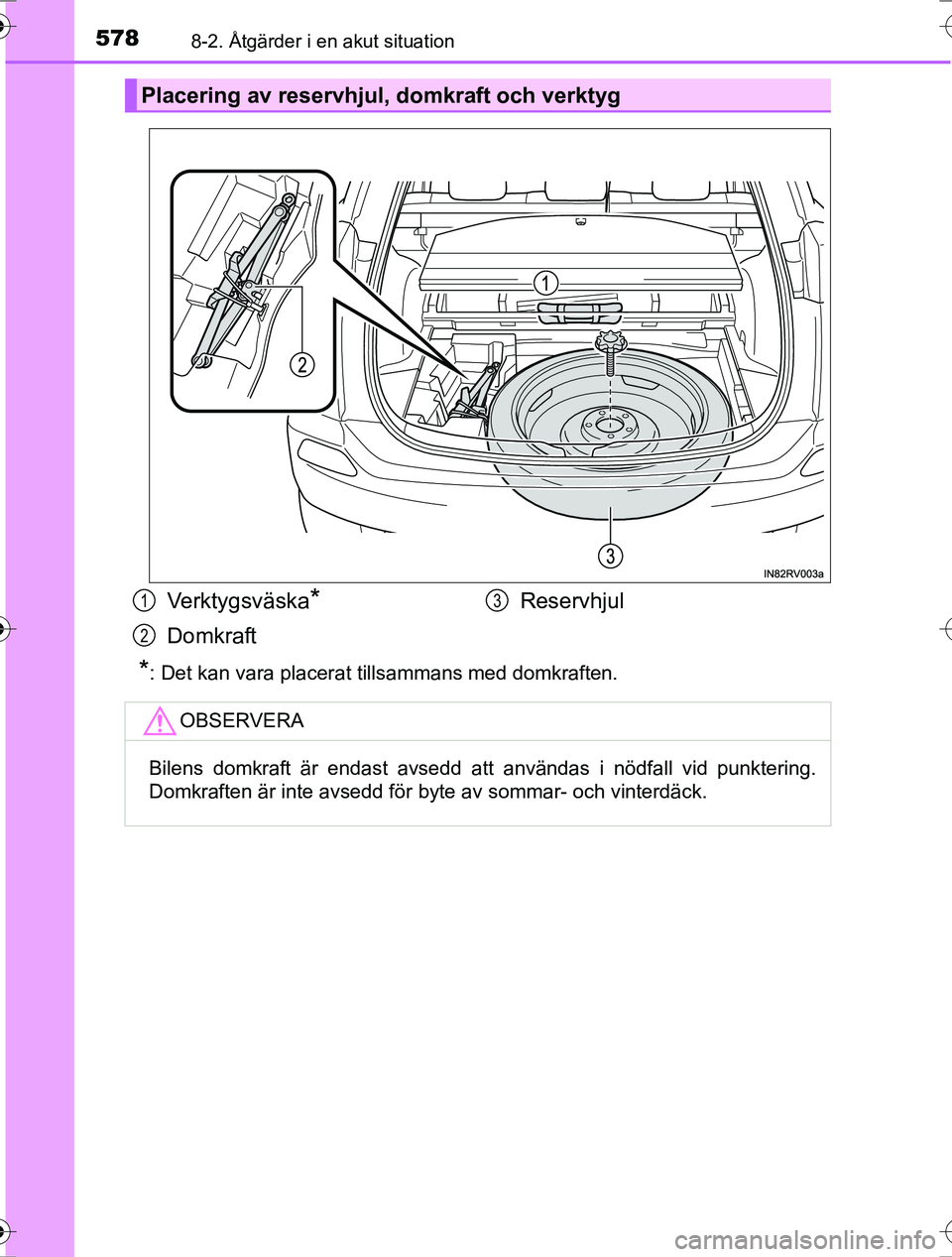 TOYOTA RAV4 2017 Bruksanvisningar (in Swedish) 5788-2. Åtgärder i en akut situation
OM42753SE
*: Det kan vara placerat tillsammans med domkraften.
Placering av reservhjul, domkraft och verktyg
Ve r k t y g s v ä s k a*
DomkraftReservhjul
OBSERV TOYOTA RAV4 2017 Bruksanvisningar (in Swedish) 5788-2. Åtgärder i en akut situation
OM42753SE
*: Det kan vara placerat tillsammans med domkraften.
Placering av reservhjul, domkraft och verktyg
Ve r k t y g s v ä s k a*
DomkraftReservhjul
OBSERV