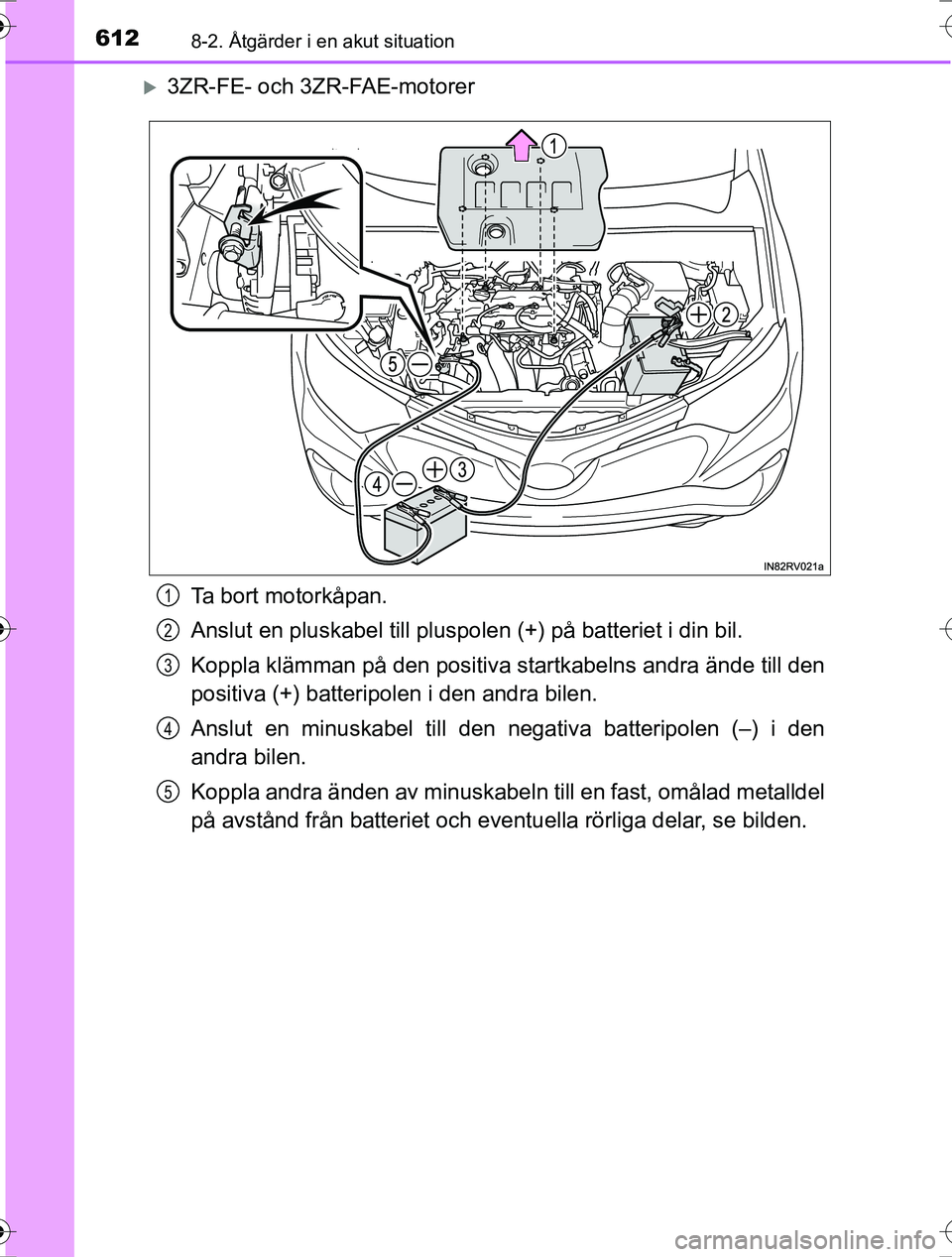 TOYOTA RAV4 2017 Bruksanvisningar (in Swedish) 6128-2. Åtgärder i en akut situation
OM42753SE
3ZR-FE- och 3ZR-FAE-motorerTa bort motorkåpan.
Anslut en pluskabel till pluspolen (+) på batteriet i din bil.
Koppla klämman på den positiva st TOYOTA RAV4 2017 Bruksanvisningar (in Swedish) 6128-2. Åtgärder i en akut situation
OM42753SE
3ZR-FE- och 3ZR-FAE-motorerTa bort motorkåpan.
Anslut en pluskabel till pluspolen (+) på batteriet i din bil.
Koppla klämman på den positiva st