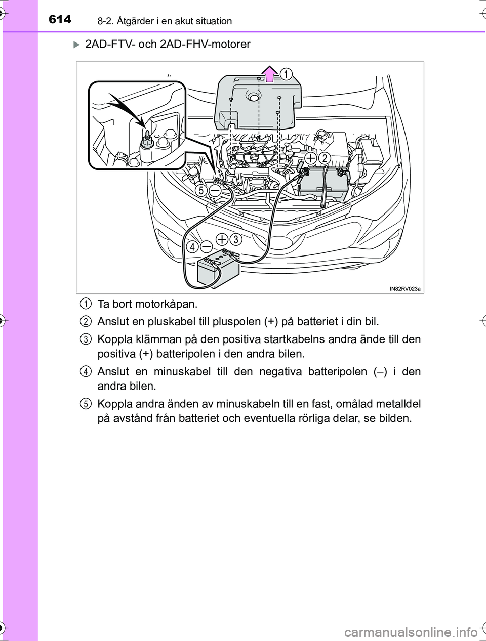 TOYOTA RAV4 2017 Bruksanvisningar (in Swedish) 6148-2. Åtgärder i en akut situation
OM42753SE
2AD-FTV- och 2AD-FHV-motorerTa bort motorkåpan.
Anslut en pluskabel till pluspolen (+) på batteriet i din bil.
Koppla klämman på den positiva s TOYOTA RAV4 2017 Bruksanvisningar (in Swedish) 6148-2. Åtgärder i en akut situation
OM42753SE
2AD-FTV- och 2AD-FHV-motorerTa bort motorkåpan.
Anslut en pluskabel till pluspolen (+) på batteriet i din bil.
Koppla klämman på den positiva s