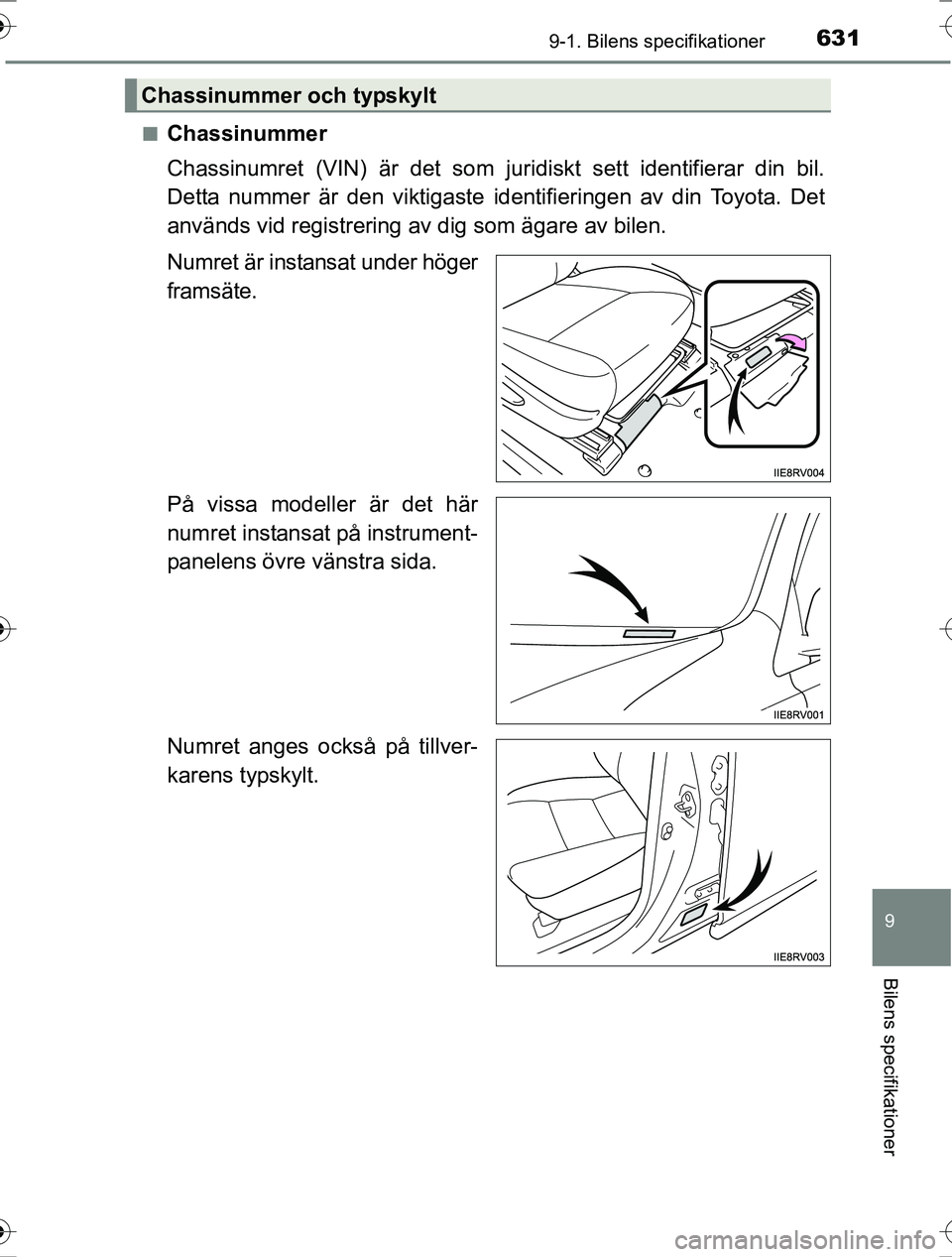 TOYOTA RAV4 2017 Bruksanvisningar (in Swedish) 6319-1. Bilens specifikationer
OM42753SE
9
Bilens specifikationer
nChassinummer
Chassinumret (VIN) är det som juridiskt sett identifierar din bil.
Detta nummer är den viktigaste identifieringen av d TOYOTA RAV4 2017 Bruksanvisningar (in Swedish) 6319-1. Bilens specifikationer
OM42753SE
9
Bilens specifikationer
nChassinummer
Chassinumret (VIN) är det som juridiskt sett identifierar din bil.
Detta nummer är den viktigaste identifieringen av d