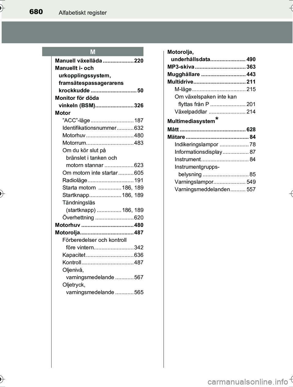 TOYOTA RAV4 2017 Bruksanvisningar (in Swedish) 680Alfabetiskt register
OM42753SE
Manuell växellåda .................... 220
Manuellt i- och urkopplingssystem,
framsätespassagerarens
krockkudde .............................. 50
Monitor för d TOYOTA RAV4 2017 Bruksanvisningar (in Swedish) 680Alfabetiskt register
OM42753SE
Manuell växellåda .................... 220
Manuellt i- och urkopplingssystem,
framsätespassagerarens
krockkudde .............................. 50
Monitor för d