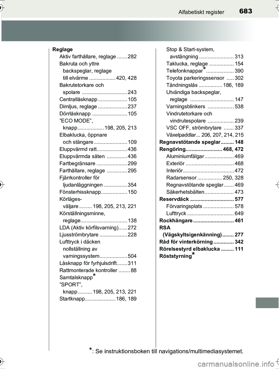 TOYOTA RAV4 2017 Bruksanvisningar (in Swedish) 683Alfabetiskt register
OM42753SE
ReglageAktiv farthållare, reglage ....... 282
Bakruta och yttre
backspeglar, reglage
till elvärme .................. 420, 428
Bakrutetorkare och spolare ........ TOYOTA RAV4 2017 Bruksanvisningar (in Swedish) 683Alfabetiskt register
OM42753SE
ReglageAktiv farthållare, reglage ....... 282
Bakruta och yttre
backspeglar, reglage
till elvärme .................. 420, 428
Bakrutetorkare och spolare ........