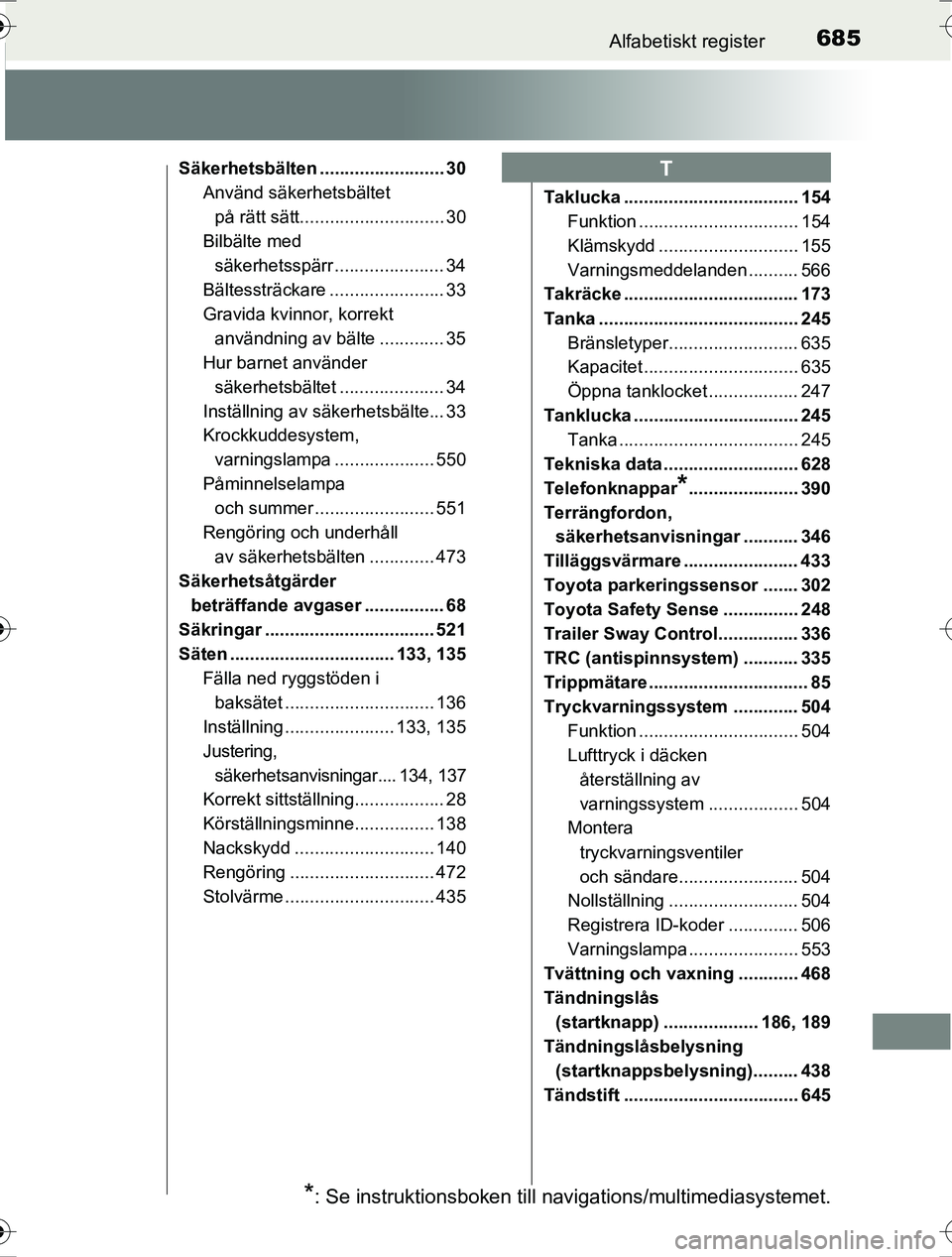 TOYOTA RAV4 2017 Bruksanvisningar (in Swedish) 685Alfabetiskt register
OM42753SE
Säkerhetsbälten ......................... 30Använd säkerhetsbältet
på rätt sätt............................. 30
Bilbälte med säkerhetsspärr ............. TOYOTA RAV4 2017 Bruksanvisningar (in Swedish) 685Alfabetiskt register
OM42753SE
Säkerhetsbälten ......................... 30Använd säkerhetsbältet
på rätt sätt............................. 30
Bilbälte med säkerhetsspärr .............