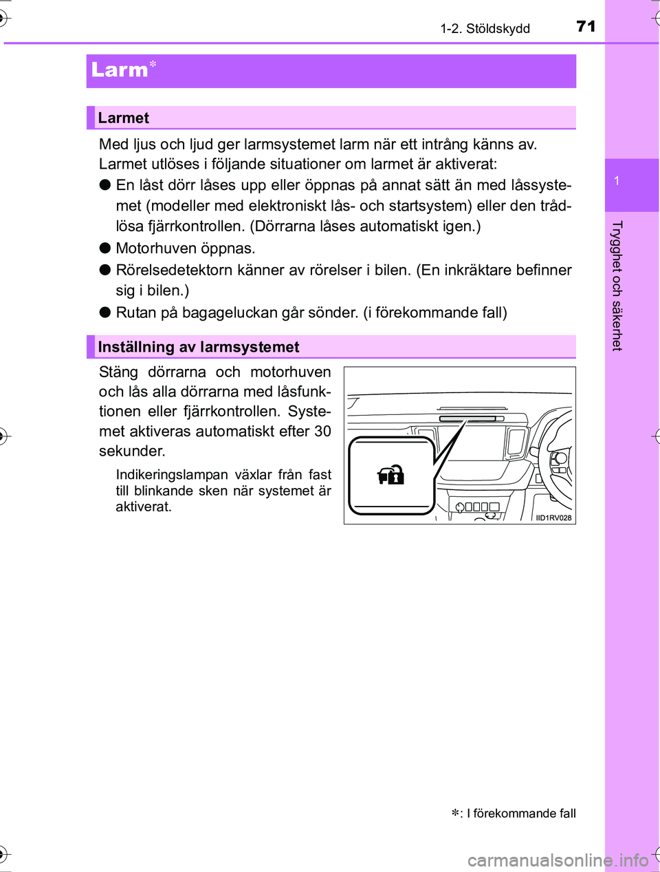 TOYOTA RAV4 2017 Bruksanvisningar (in Swedish) 71
1
1-2. Stöldskydd
OM42753SE
Trygghet och säkerhet
Larm
Med ljus och ljud ger larmsystemet larm när ett intrång känns av.
Larmet utlöses i följande situationer om larmet är aktiverat:
lEn TOYOTA RAV4 2017 Bruksanvisningar (in Swedish) 71
1
1-2. Stöldskydd
OM42753SE
Trygghet och säkerhet
Larm
Med ljus och ljud ger larmsystemet larm när ett intrång känns av.
Larmet utlöses i följande situationer om larmet är aktiverat:
lEn