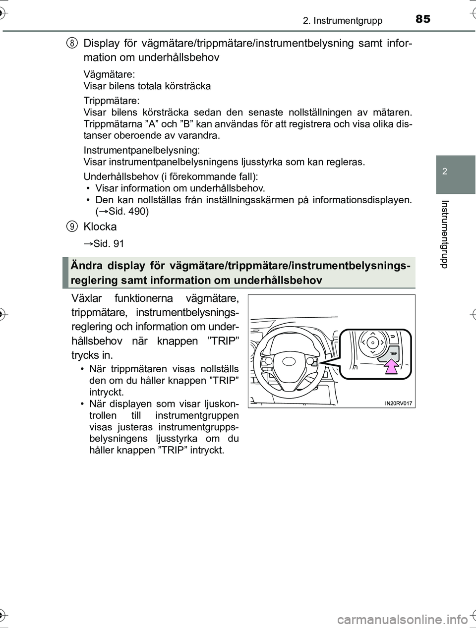 TOYOTA RAV4 2017  Bruksanvisningar (in Swedish) 852. Instrumentgrupp
2
Instrumentgrupp
OM42753SE
Display för vägmätare/trippmätare/instrumentbelysning samt infor-
mation om underhållsbehov
Vägmätare:
Visar bilens totala körsträcka
Trippmä