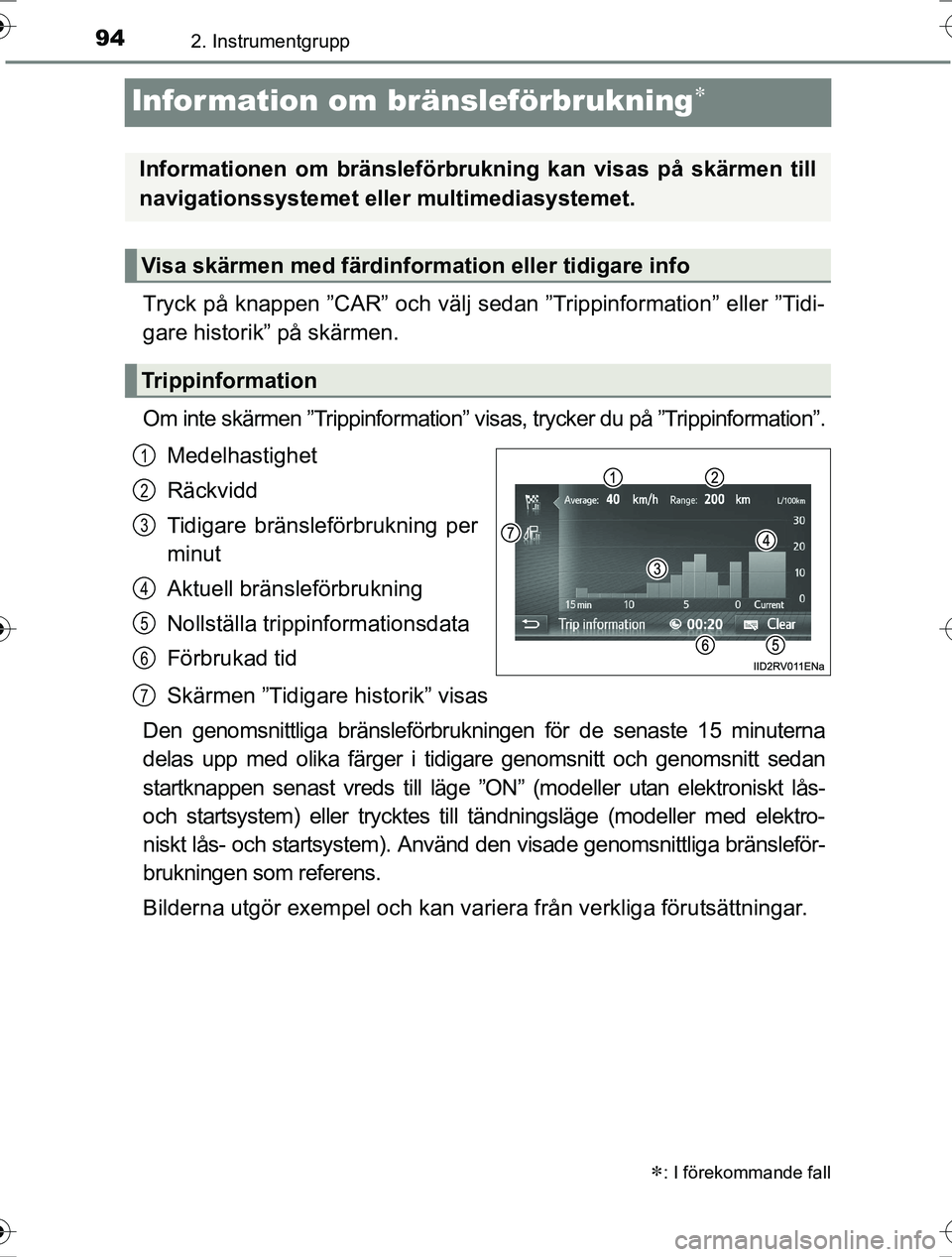 TOYOTA RAV4 2017 Bruksanvisningar (in Swedish) 942. Instrumentgrupp
OM42753SE
Information om bränsleförbrukning
Tryck på knappen ”CAR” och välj sedan ”Trippinformation” eller ”Tidi-
gare historik” på skärmen.
Om inte skärmen TOYOTA RAV4 2017 Bruksanvisningar (in Swedish) 942. Instrumentgrupp
OM42753SE
Information om bränsleförbrukning
Tryck på knappen ”CAR” och välj sedan ”Trippinformation” eller ”Tidi-
gare historik” på skärmen.
Om inte skärmen