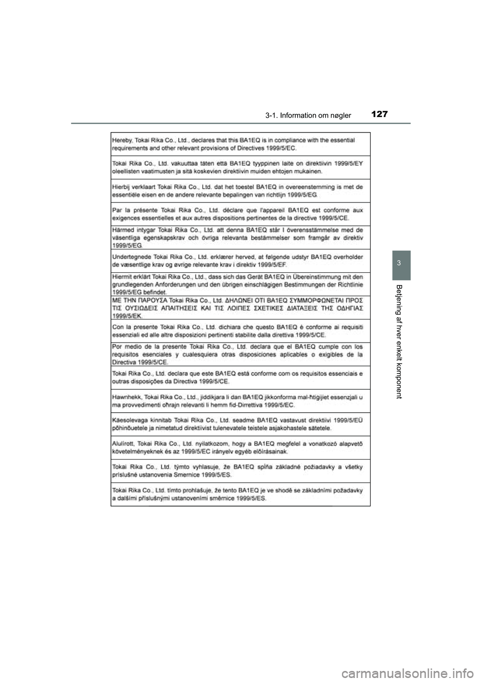 TOYOTA RAV4 2016  Brugsanvisning (in Danish) 1273-1. Information om nøgler
3
Betjening af hver enkelt komponent
OM42A45DK
OM42A45DK.book  Page 127  Thursday, December 10, 2015  7:36 PM 