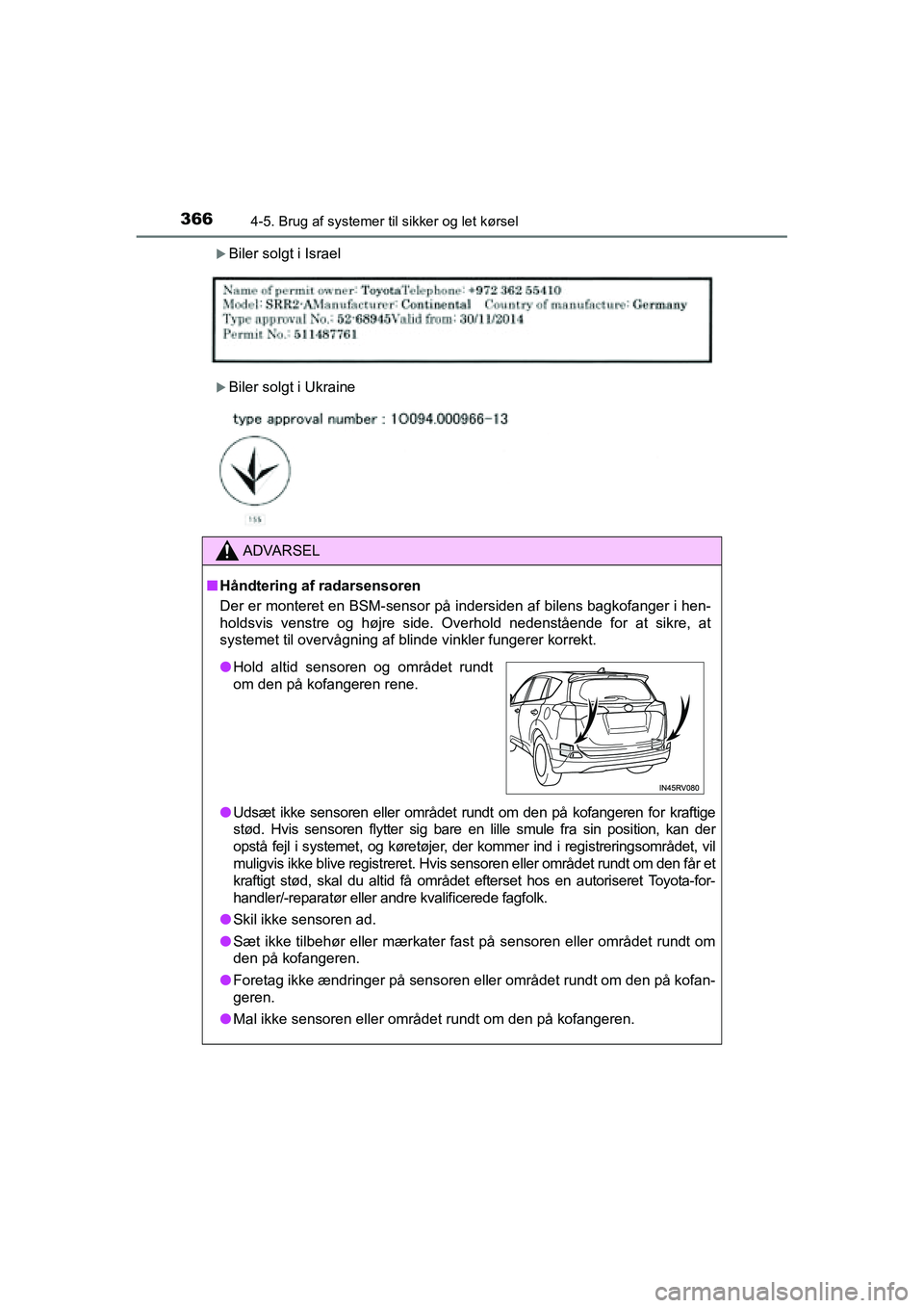 TOYOTA RAV4 2016  Brugsanvisning (in Danish) 3664-5. Brug af systemer til sikker og let kørsel
OM42A45DK
�XBiler solgt i Israel
�XBiler solgt i Ukraine
ADVARSEL
■Håndtering af radarsensoren
Der er monteret en BSM-sensor på indersiden af bil