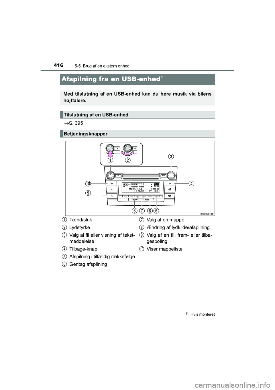 TOYOTA RAV4 2016 Brugsanvisning (in Danish) 4165-5. Brug af en ekstern enhed
OM42A45DK
Afspilning fra en USB-enhed∗
→S. 395
∗: Hvis monteret
Med tilslutning af en USB-enhe d kan du høre musik via bilens
højttalere.
Tilslutning TOYOTA RAV4 2016 Brugsanvisning (in Danish) 4165-5. Brug af en ekstern enhed
OM42A45DK
Afspilning fra en USB-enhed∗
→S. 395
∗: Hvis monteret
Med tilslutning af en USB-enhe d kan du høre musik via bilens
højttalere.
Tilslutning