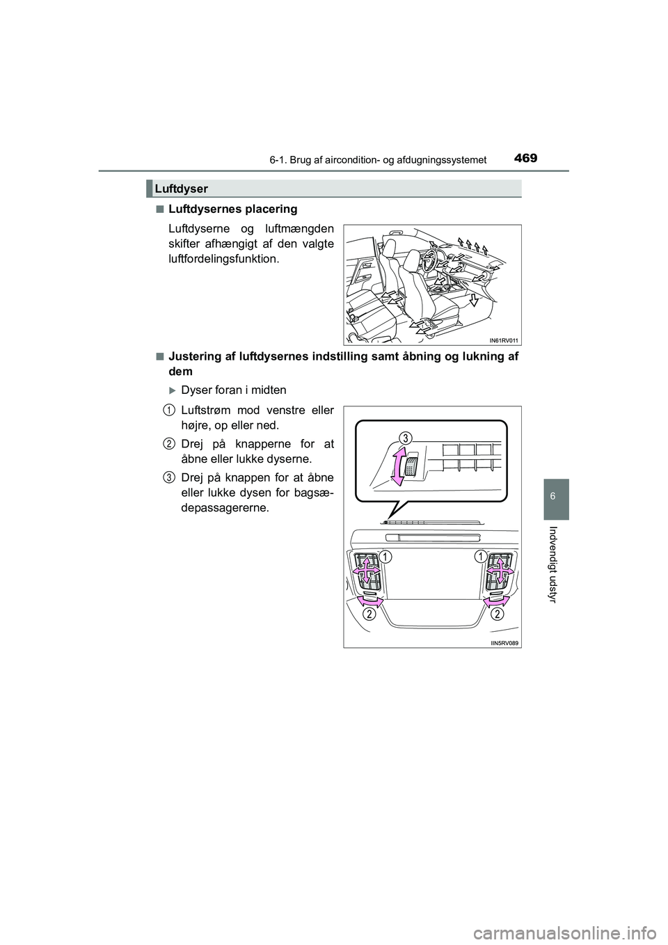 TOYOTA RAV4 2016  Brugsanvisning (in Danish) 4696-1. Brug af aircondition- og afdugningssystemet
6
Indvendigt udstyr
OM42A45DK■
Luftdysernes placering
Luftdyserne  og  luftmængden
skifter  afhængigt  af  den  valgte
luftfordelingsfunktion.
