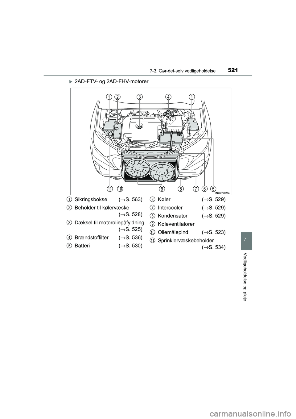 TOYOTA RAV4 2016  Brugsanvisning (in Danish) 5217-3. Gør-det-selv vedligeholdelse
OM42A45DK
7
Vedligeholdelse og pleje
�X2AD-FTV- og 2AD-FHV-motorer
Sikringsbokse (→S. 563)
Beholder til kølervæske  (→ S. 528)
Dæksel til motoroliepåfyldn