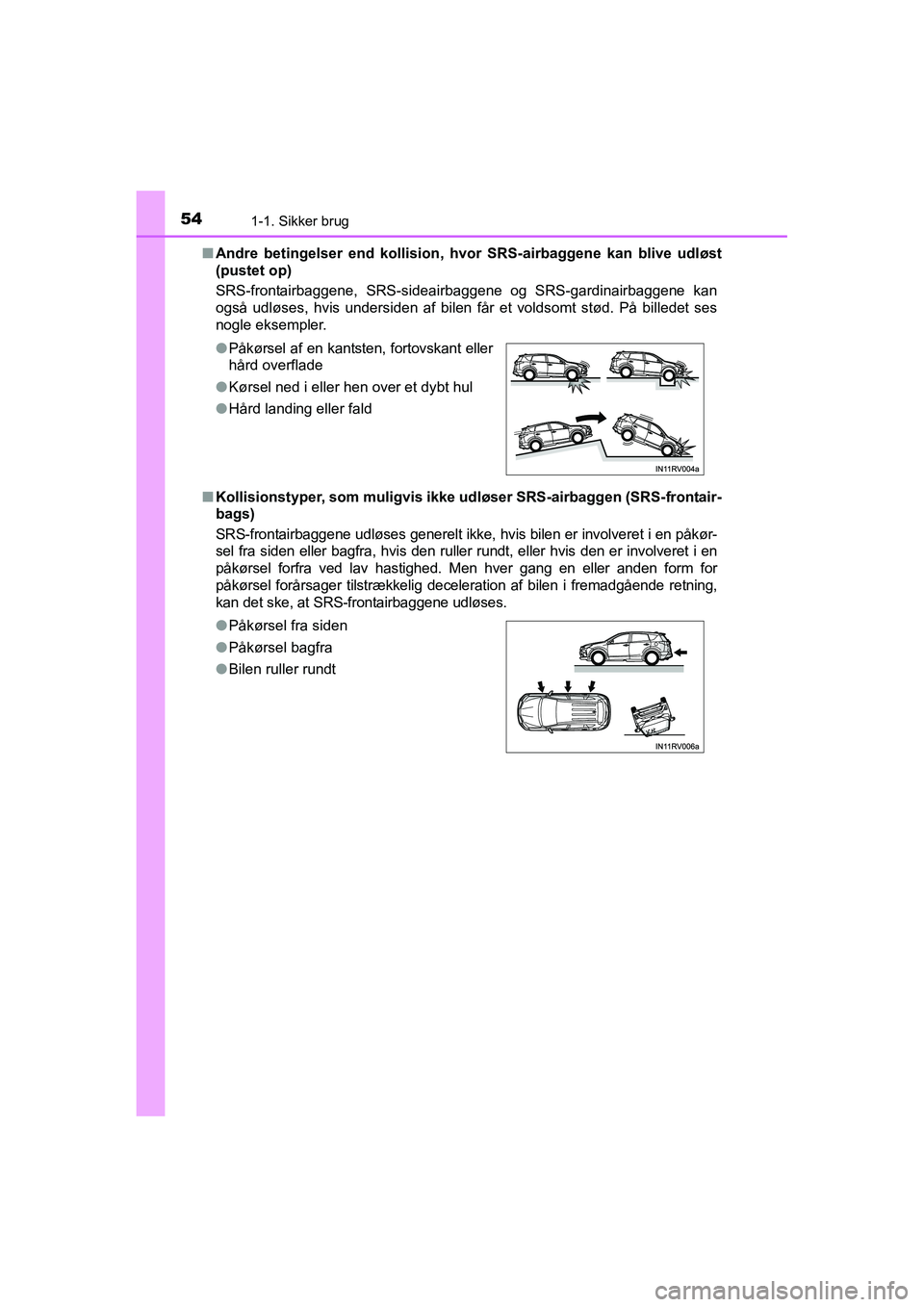 TOYOTA RAV4 2016 Brugsanvisning (in Danish) 541-1. Sikker brug
OM42A45DK■
Andre betingelser end kollision, hvor SRS-airbaggene kan blive udløst
(pustet op)
SRS-frontairbaggene, SRS-sideairbaggene og SRS-gardinairbaggene kan
også TOYOTA RAV4 2016 Brugsanvisning (in Danish) 541-1. Sikker brug
OM42A45DK■
Andre betingelser end kollision, hvor SRS-airbaggene kan blive udløst
(pustet op)
SRS-frontairbaggene, SRS-sideairbaggene og SRS-gardinairbaggene kan
også