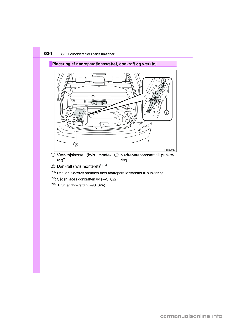 TOYOTA RAV4 2016 Brugsanvisning (in Danish) 6348-2. Forholdsregler i nødsituationer
OM42A45DK
*1: Det kan placeres sammen med nødreparationssættet til punktering
*2: Sådan tages donkraften ud (→S. 622)
*3: Brug af donkraften (→S. 624)
TOYOTA RAV4 2016 Brugsanvisning (in Danish) 6348-2. Forholdsregler i nødsituationer
OM42A45DK
*1: Det kan placeres sammen med nødreparationssættet til punktering
*2: Sådan tages donkraften ud (→S. 622)
*3: Brug af donkraften (→S. 624)