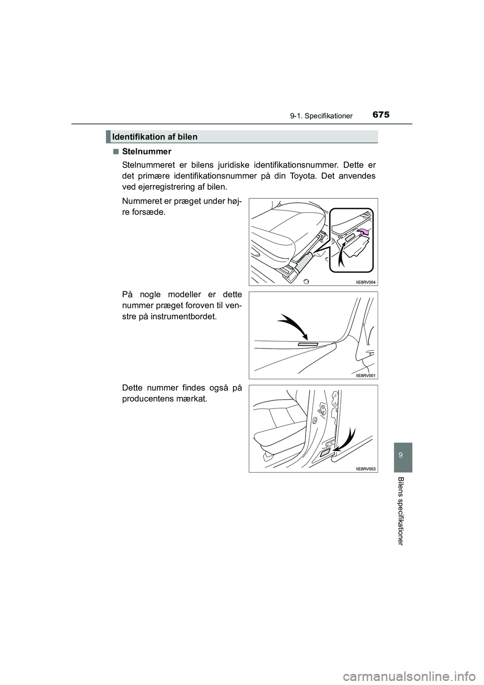 TOYOTA RAV4 2016  Brugsanvisning (in Danish) 6759-1. Specifikationer
OM42A45DK
9
Bilens specifikationer
■Stelnummer
Stelnummeret  er  bilens  juridiske  identifikationsnummer.  Dette  er
det  primære  identifikationsnummer  på  din  Toyota. 