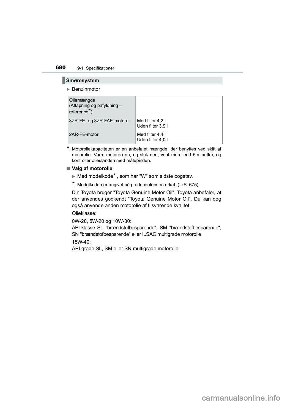 TOYOTA RAV4 2016  Brugsanvisning (in Danish) 6809-1. Specifikationer
OM42A45DK
�XBenzinmotor
*: Motoroliekapaciteten  er  en  anbefalet  mængde,  der  benyttes  ved skift  af
motorolie.  Varm  motoren  op,  og  sluk  den,  vent  mere  end  5 mi