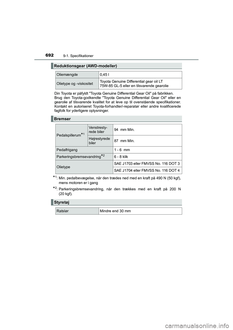 TOYOTA RAV4 2016  Brugsanvisning (in Danish) 6929-1. Specifikationer
OM42A45DKDin Toyota er påfyldt "Toyota Genuine Differential Gear Oil" på
 fabrikken.
Brug  den  Toyota-godkendte  "Toyota  Genuine  Differential  Gear  Oil " 