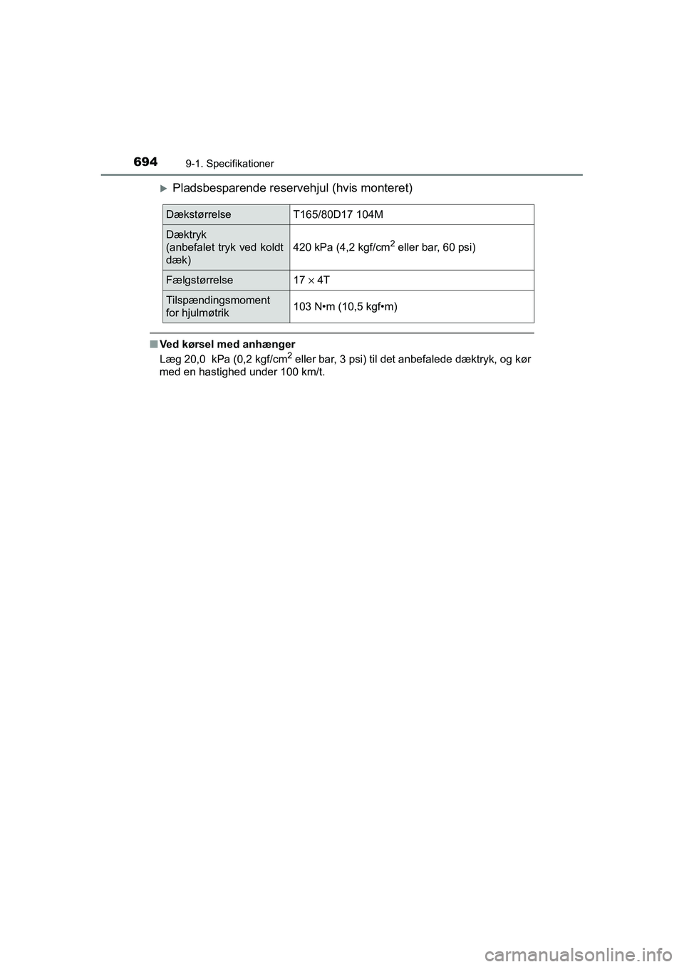 TOYOTA RAV4 2016  Brugsanvisning (in Danish) 6949-1. Specifikationer
OM42A45DK
�XPladsbesparende reservehjul (hvis monteret)
■Ved kørsel med anhænger
Læg 20,0  kPa (0,2 kgf/cm2 eller bar, 3 psi) til det anbefalede dæktryk, og kør
med en h