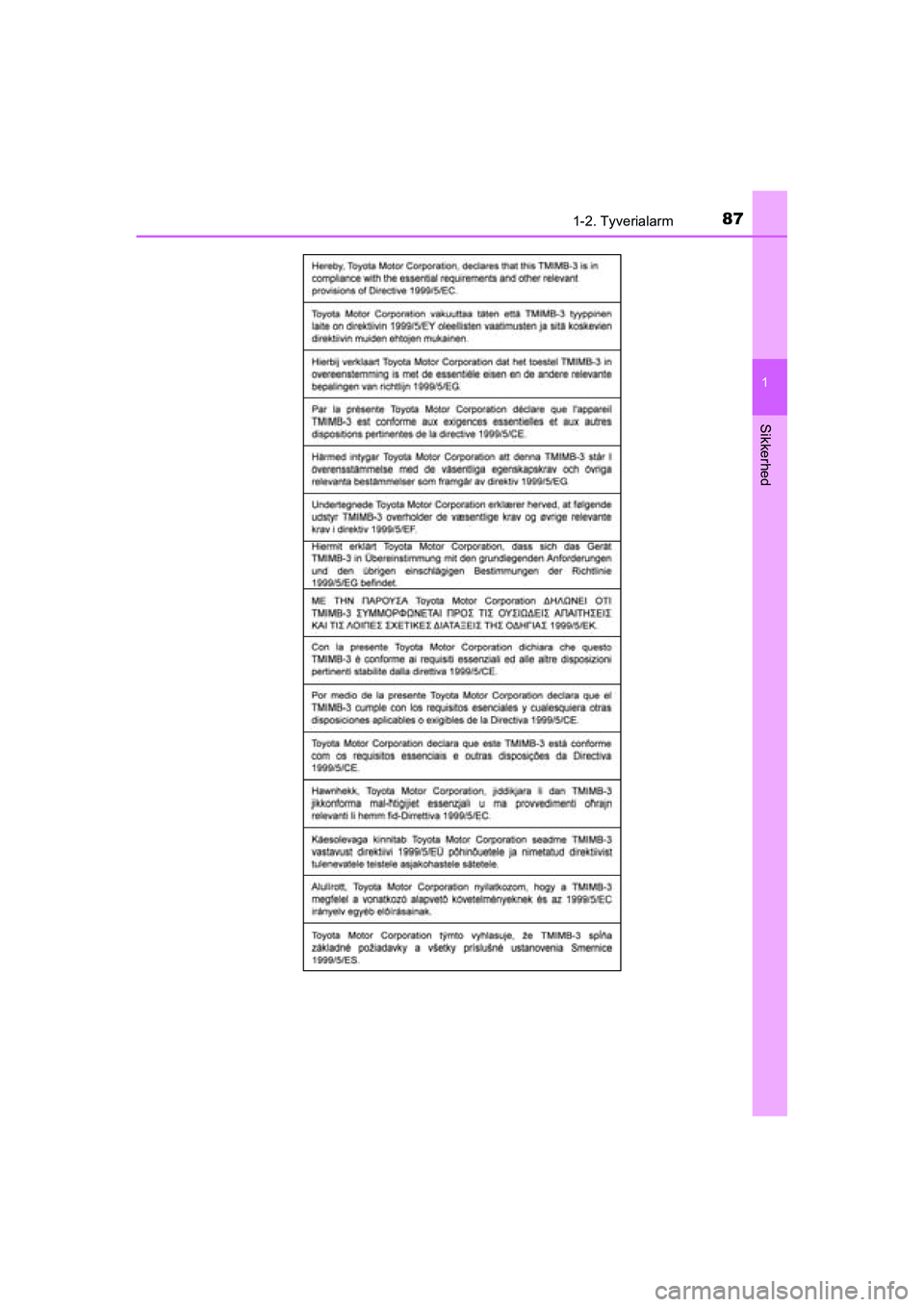 TOYOTA RAV4 2016  Brugsanvisning (in Danish) 871-2. Tyverialarm
1
OM42A45DK
Sikkerhed
OM42A45DK.book  Page 87  Thursday, December 10, 2015  7:36 PM 