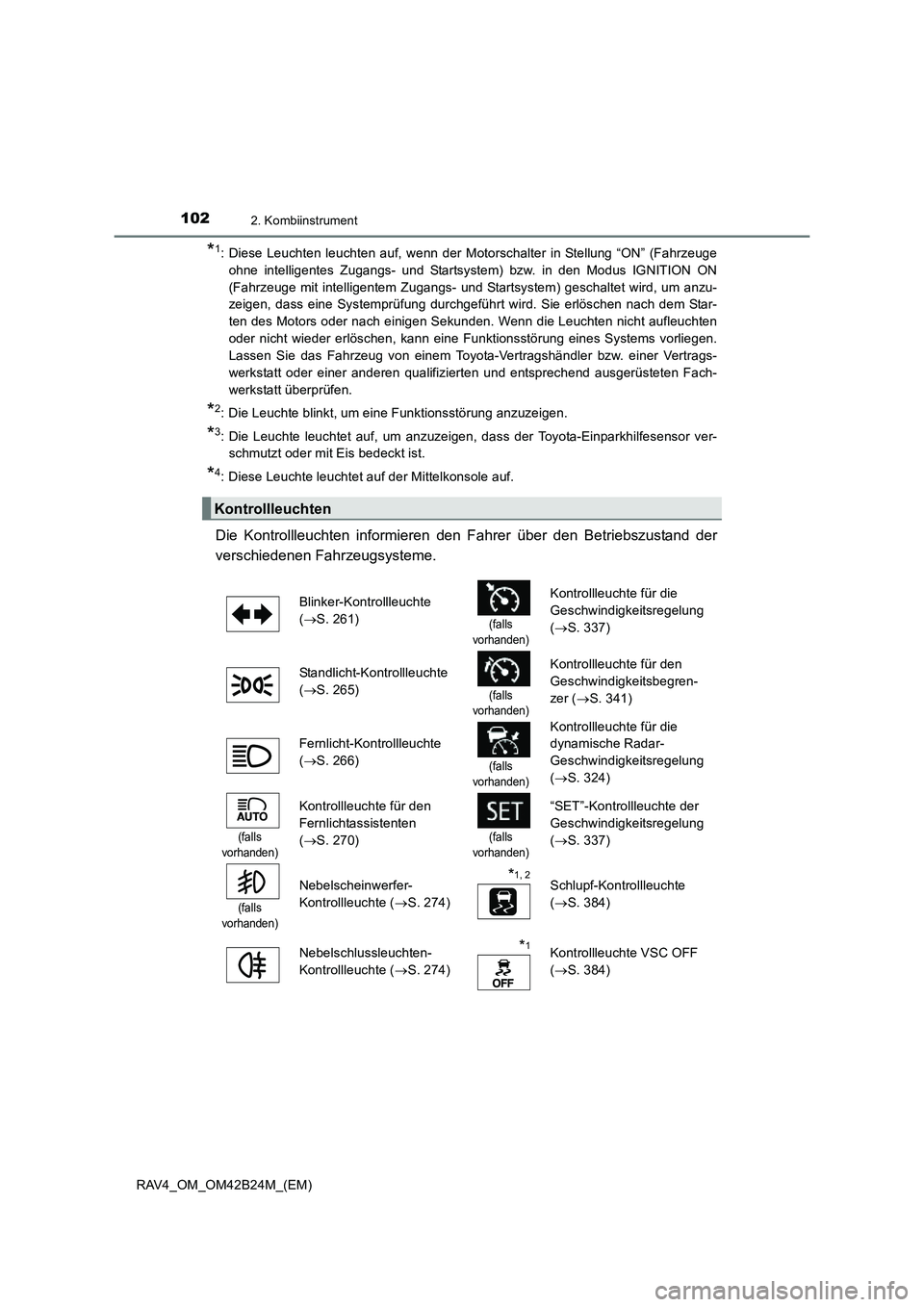 TOYOTA RAV4 2016  Betriebsanleitungen (in German) 1022. Kombiinstrument
RAV4_OM_OM42B24M_(EM)
*1: Diese Leuchten leuchten auf, wenn der Motorschalter in Stellung “ON” (Fahrzeugeohne intelligentes Zugangs- und Startsystem) bzw. in den Modus IGNITI