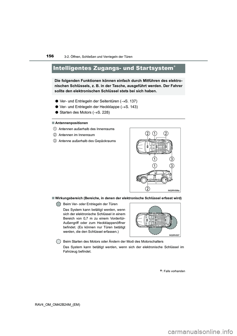 TOYOTA RAV4 2016  Betriebsanleitungen (in German) 1563-2. Öffnen, Schließen und Verriegeln der Türen
RAV4_OM_OM42B24M_(EM)
Intelligentes Zugangs- und Startsystem∗
●Ver- und Entriegeln der Seitentüren ( →S. 137)
● Ver- und Entriegeln der H