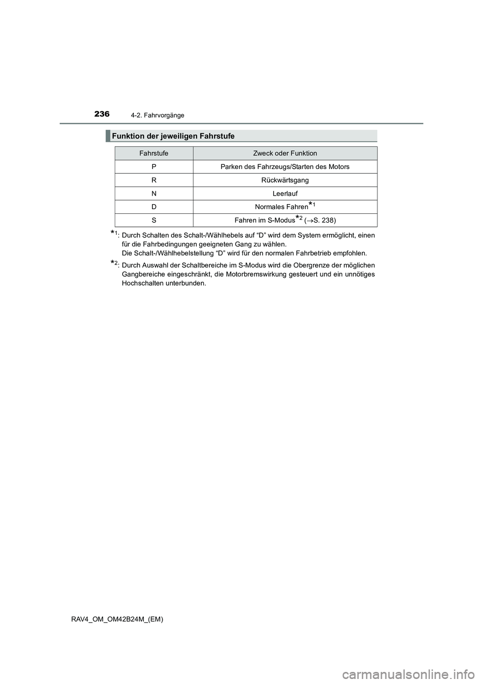 TOYOTA RAV4 2016  Betriebsanleitungen (in German) 2364-2. Fahrvorgänge
RAV4_OM_OM42B24M_(EM)
*1: Durch Schalten des Schalt-/Wählhebels auf “D” wird dem System ermöglicht, einenfür die Fahrbedingungen geeigneten Gang zu wählen. 
Die Schalt-/W
