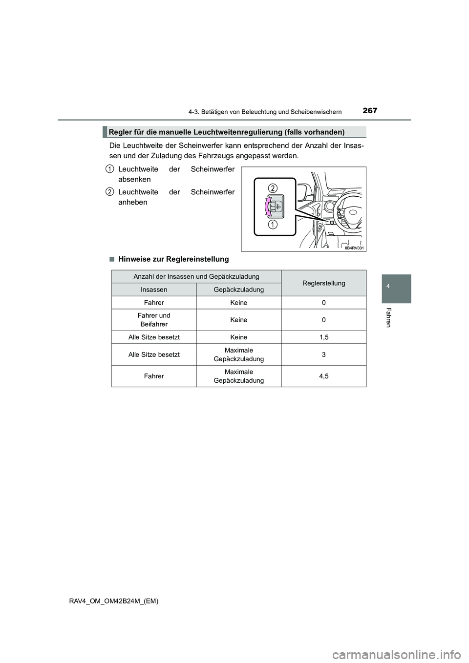 TOYOTA RAV4 2016  Betriebsanleitungen (in German) 2674-3. Betätigen von Beleuchtung und Scheibenwischern
4
Fahren
RAV4_OM_OM42B24M_(EM)
Die Leuchtweite der Scheinwerfer kann entsprechend der Anzahl der Insas-
sen und der Zuladung des Fahrzeugs angep