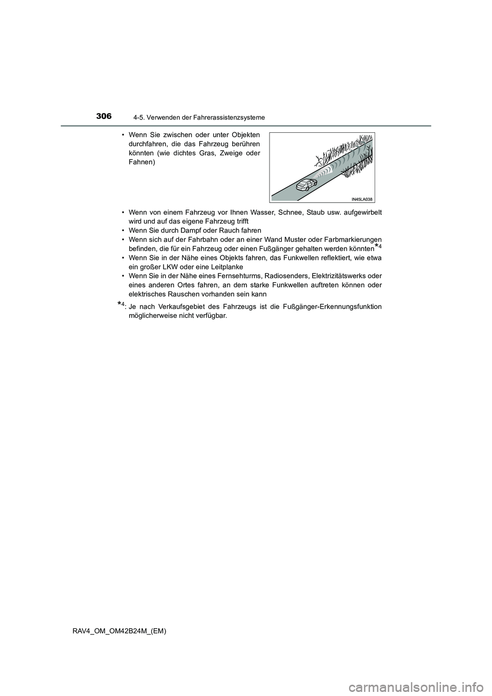 TOYOTA RAV4 2016  Betriebsanleitungen (in German) 3064-5. Verwenden der Fahrerassistenzsysteme
RAV4_OM_OM42B24M_(EM)• Wenn von einem Fahrzeug vor Ihnen Wasser, Schnee, Staub usw. aufgewirbelt
wird und auf das eigene Fahrzeug trifft
• Wenn Sie dur