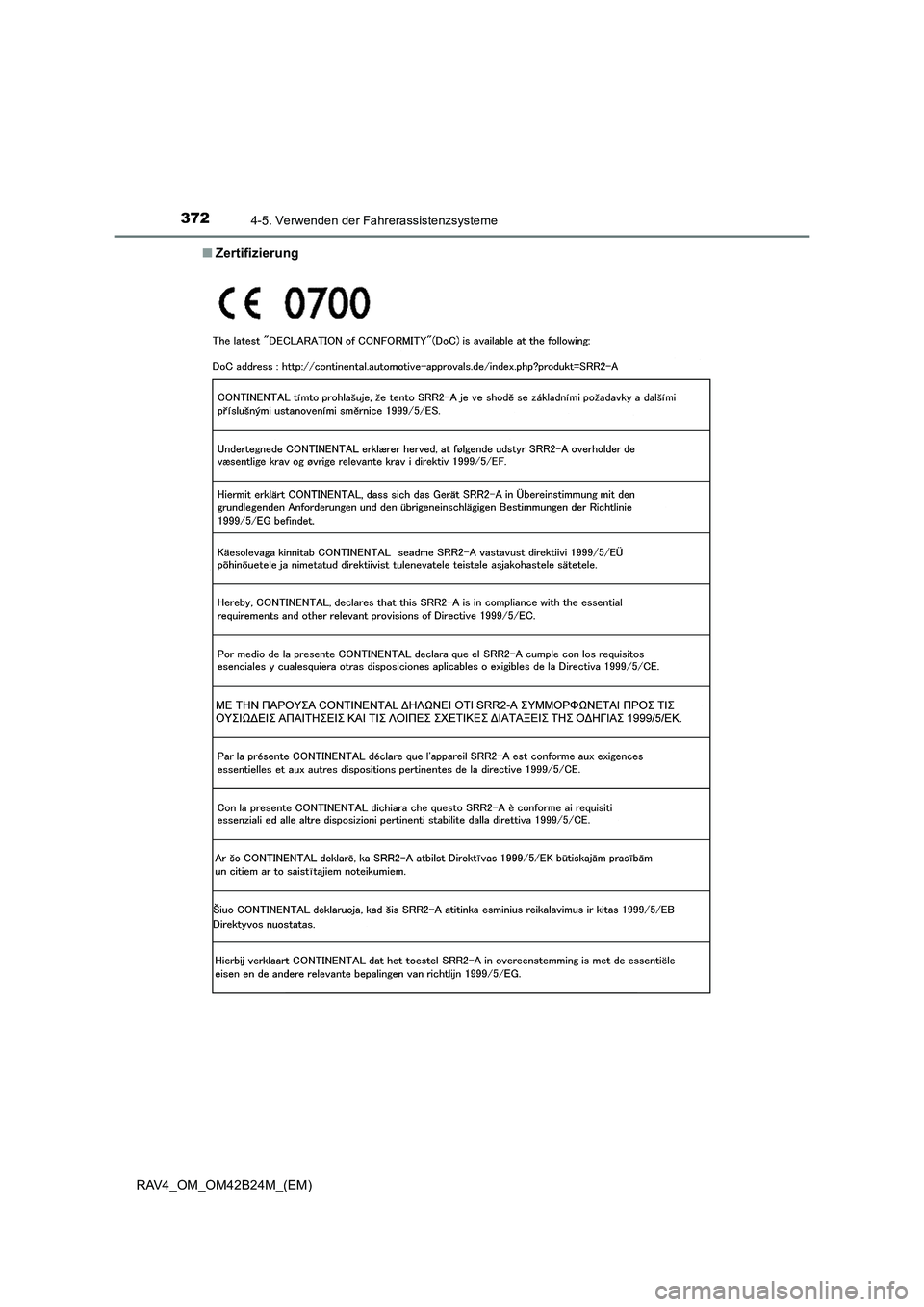 TOYOTA RAV4 2016  Betriebsanleitungen (in German) 3724-5. Verwenden der Fahrerassistenzsysteme
RAV4_OM_OM42B24M_(EM)■
Zertifizierung 