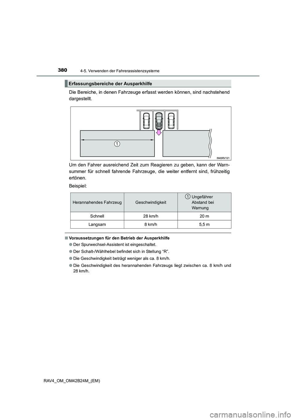TOYOTA RAV4 2016  Betriebsanleitungen (in German) 3804-5. Verwenden der Fahrerassistenzsysteme
RAV4_OM_OM42B24M_(EM)
Die Bereiche, in denen Fahrzeuge erfasst werden können, sind nachstehend
dargestellt.
Um den Fahrer ausreichend Zeit zum Reagieren z