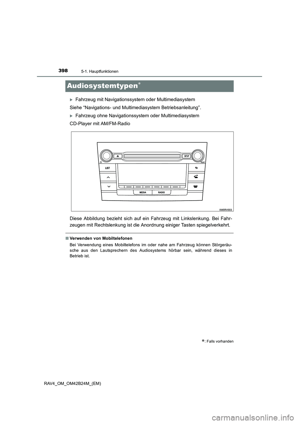 TOYOTA RAV4 2016  Betriebsanleitungen (in German) 3985-1. Hauptfunktionen
RAV4_OM_OM42B24M_(EM)
Audiosystemtypen∗
�XFahrzeug mit Navigationssystem oder Multimediasystem
Siehe “Navigations- und Multimediasystem Betriebsanleitung”.
�XFahrzeug ohn