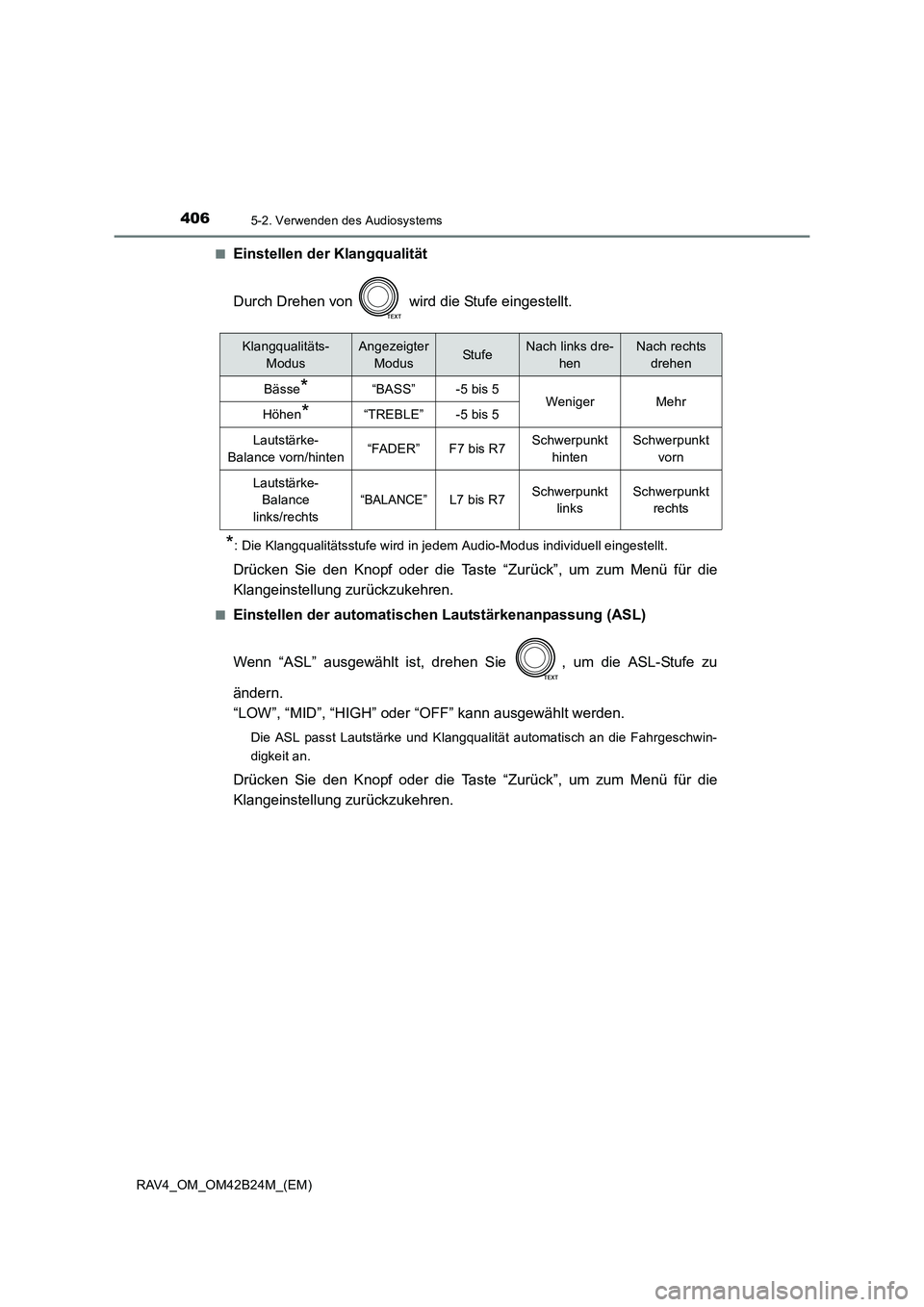 TOYOTA RAV4 2016  Betriebsanleitungen (in German) 4065-2. Verwenden des Audiosystems
RAV4_OM_OM42B24M_(EM)■
Einstellen der Klangqualität
Durch Drehen von   wird die Stufe eingestellt.
*: Die Klangqualitätsstufe wird in jedem Audio-Modus individue