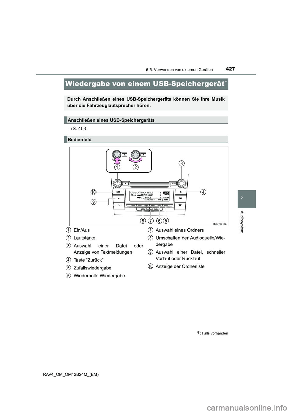 TOYOTA RAV4 2016 Betriebsanleitungen (in German) 427
5
5-5. Verwenden von externen Geräten
Audiosystem
RAV4_OM_OM42B24M_(EM)
Wiedergabe von einem USB-Speichergerät∗
→S. 403
∗: Falls vorhanden
Durch Anschließen eines USB-Speich ergeräts kö TOYOTA RAV4 2016 Betriebsanleitungen (in German) 427
5
5-5. Verwenden von externen Geräten
Audiosystem
RAV4_OM_OM42B24M_(EM)
Wiedergabe von einem USB-Speichergerät∗
→S. 403
∗: Falls vorhanden
Durch Anschließen eines USB-Speich ergeräts kö