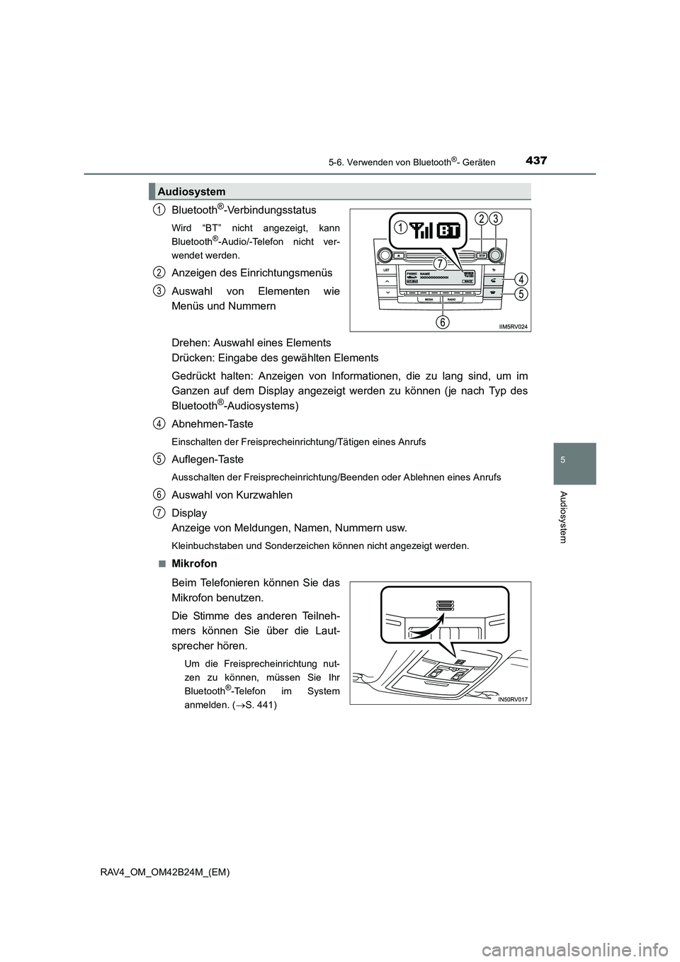 TOYOTA RAV4 2016  Betriebsanleitungen (in German) 4375-6. Verwenden von Bluetooth®- Geräten
5
Audiosystem
RAV4_OM_OM42B24M_(EM)
Bluetooth®-Verbindungsstatus
Wird “BT” nicht angezeigt, kann
Bluetooth®-Audio/-Telefon nicht ver-
wendet werden.
A