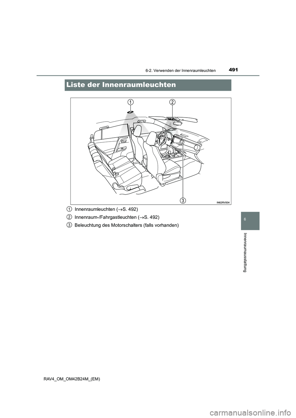 TOYOTA RAV4 2016 Betriebsanleitungen (in German) 4916-2. Verwenden der Innenraumleuchten
RAV4_OM_OM42B24M_(EM)
6
Innenraumausstattung
Liste der Innenraumleuchten
Innenraumleuchten (→S. 492)
Innenraum-/Fahrgastleuchten ( →S. 492)
Beleuchtung des TOYOTA RAV4 2016 Betriebsanleitungen (in German) 4916-2. Verwenden der Innenraumleuchten
RAV4_OM_OM42B24M_(EM)
6
Innenraumausstattung
Liste der Innenraumleuchten
Innenraumleuchten (→S. 492)
Innenraum-/Fahrgastleuchten ( →S. 492)
Beleuchtung des