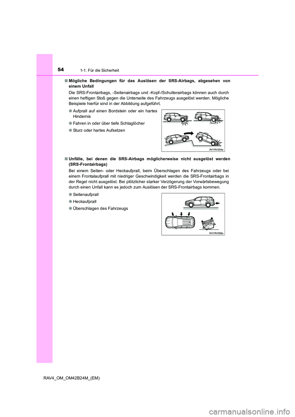 TOYOTA RAV4 2016  Betriebsanleitungen (in German) 541-1. Für die Sicherheit
RAV4_OM_OM42B24M_(EM)■
Mögliche Bedingungen für das Auslösen der SRS-Airbags, abgesehen von
einem Unfall 
Die SRS-Frontairbags, -Seitenairbags und -Kopf-/Schulterairbag