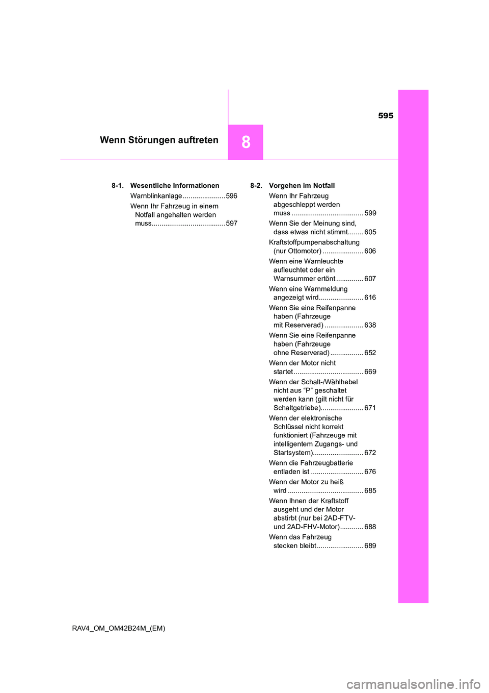 TOYOTA RAV4 2016 Betriebsanleitungen (in German) 595
8Wenn Störungen auftreten
RAV4_OM_OM42B24M_(EM)8-1. Wesentliche Informationen
Warnblinkanlage ......................596
Wenn Ihr Fahrzeug in einem Notfall angehalten werden
muss................. TOYOTA RAV4 2016 Betriebsanleitungen (in German) 595
8Wenn Störungen auftreten
RAV4_OM_OM42B24M_(EM)8-1. Wesentliche Informationen
Warnblinkanlage ......................596
Wenn Ihr Fahrzeug in einem Notfall angehalten werden
muss.................