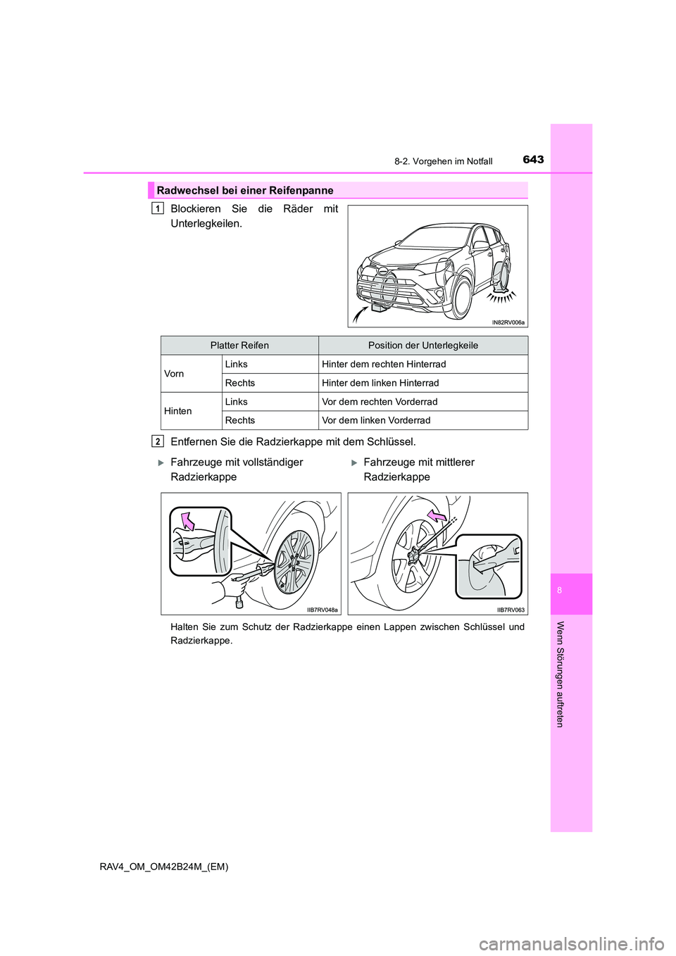 TOYOTA RAV4 2016 Betriebsanleitungen (in German) 6438-2. Vorgehen im Notfall
8
Wenn Störungen auftreten
RAV4_OM_OM42B24M_(EM)
Blockieren Sie die Räder mit
Unterlegkeilen.
Entfernen Sie die Radzierkappe mit dem Schlüssel.
Halten Sie zum Schutz der TOYOTA RAV4 2016 Betriebsanleitungen (in German) 6438-2. Vorgehen im Notfall
8
Wenn Störungen auftreten
RAV4_OM_OM42B24M_(EM)
Blockieren Sie die Räder mit
Unterlegkeilen.
Entfernen Sie die Radzierkappe mit dem Schlüssel.
Halten Sie zum Schutz der