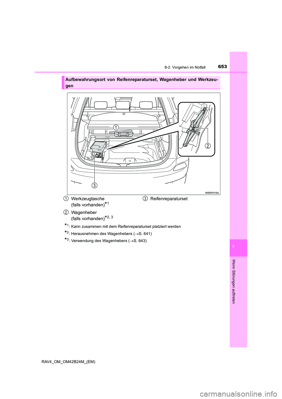 TOYOTA RAV4 2016  Betriebsanleitungen (in German) 6538-2. Vorgehen im Notfall
8
Wenn Störungen auftreten
RAV4_OM_OM42B24M_(EM)
*1: Kann zusammen mit dem Reifenreparaturset platziert werden
*2: Herausnehmen des Wagenhebers (→S. 641)
*3: Verwendung 