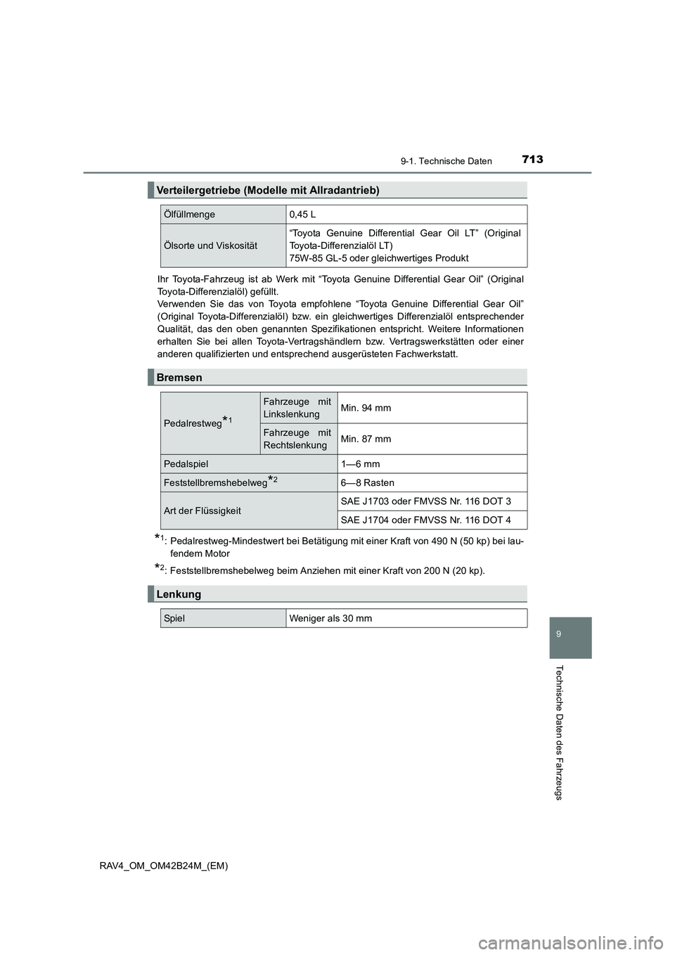 TOYOTA RAV4 2016  Betriebsanleitungen (in German) 7139-1. Technische Daten
RAV4_OM_OM42B24M_(EM)
9
Technische Daten des Fahrzeugs
Ihr Toyota-Fahrzeug ist ab Werk mit “Toyota Genuine Differential Gear Oil” (Original
Toyota-Differenzialöl) gefüll