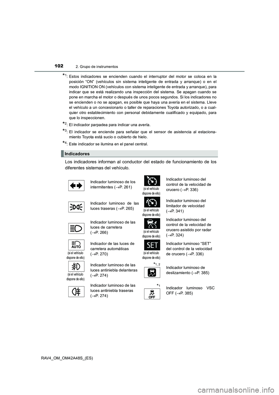 TOYOTA RAV4 2016 Manual del propietario (in Spanish) 1022. Grupo de instrumentos
RAV4_OM_OM42A48S_(ES)
*1: Estos indicadores se encienden cuando el interruptor del motor se coloca en laposición “ON” (vehículos sin sistema inteligente de entrada y TOYOTA RAV4 2016 Manual del propietario (in Spanish) 1022. Grupo de instrumentos
RAV4_OM_OM42A48S_(ES)
*1: Estos indicadores se encienden cuando el interruptor del motor se coloca en laposición “ON” (vehículos sin sistema inteligente de entrada y